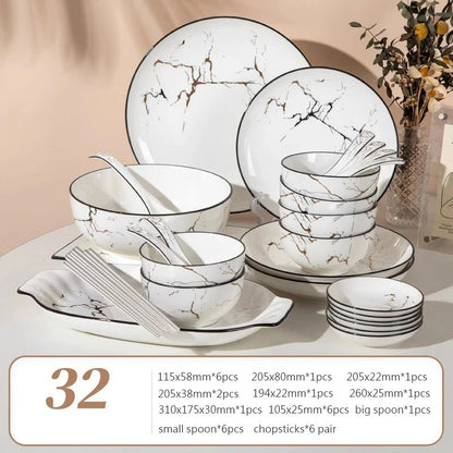 Elegant Marble Ceramic Dinnerware Set with Gold Inlay - Volaia