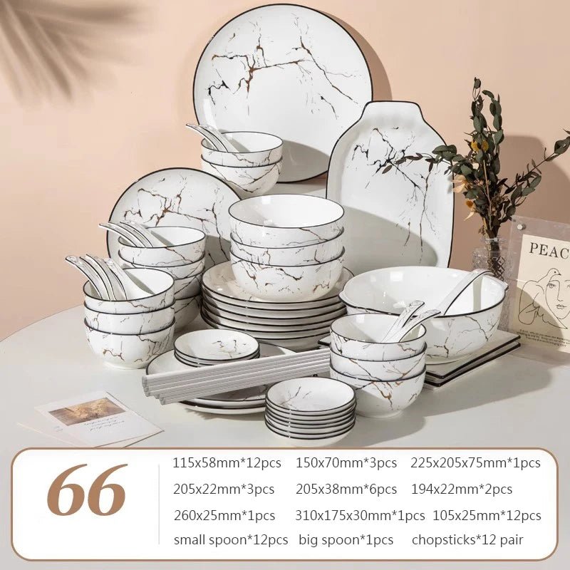 Elegant Marble Ceramic Dinnerware Set with Gold Inlay - Volaia