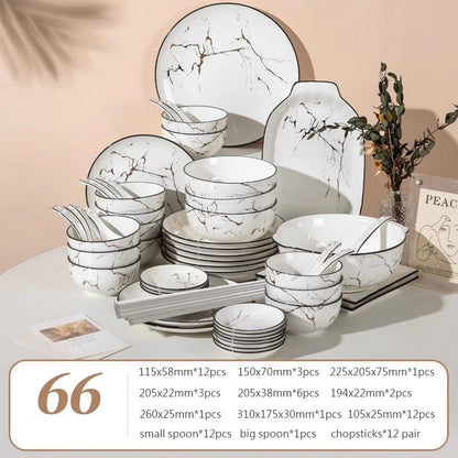 Elegant Marble Ceramic Dinnerware Set with Gold Inlay - Volaia