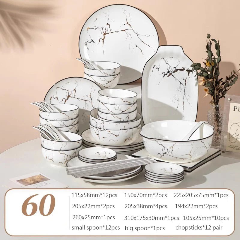 Elegant Marble Ceramic Dinnerware Set with Gold Inlay - Volaia