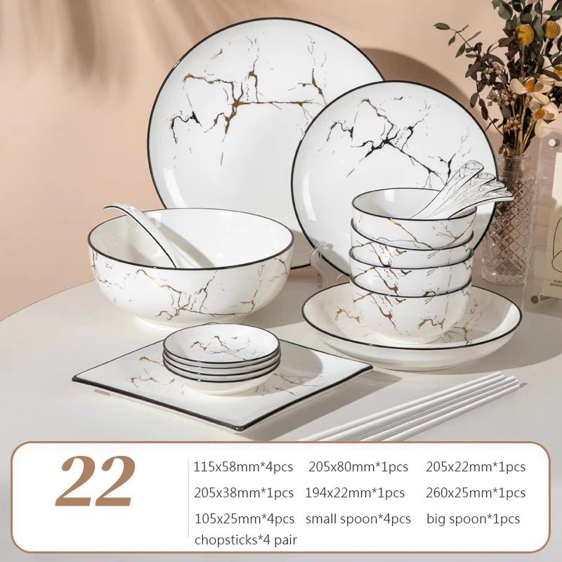 Elegant Marble Ceramic Dinnerware Set with Gold Inlay - Volaia