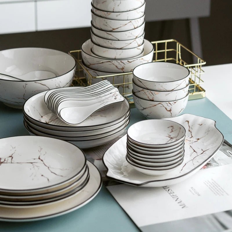 Elegant Marble Ceramic Dinnerware Set with Gold Inlay - Volaia