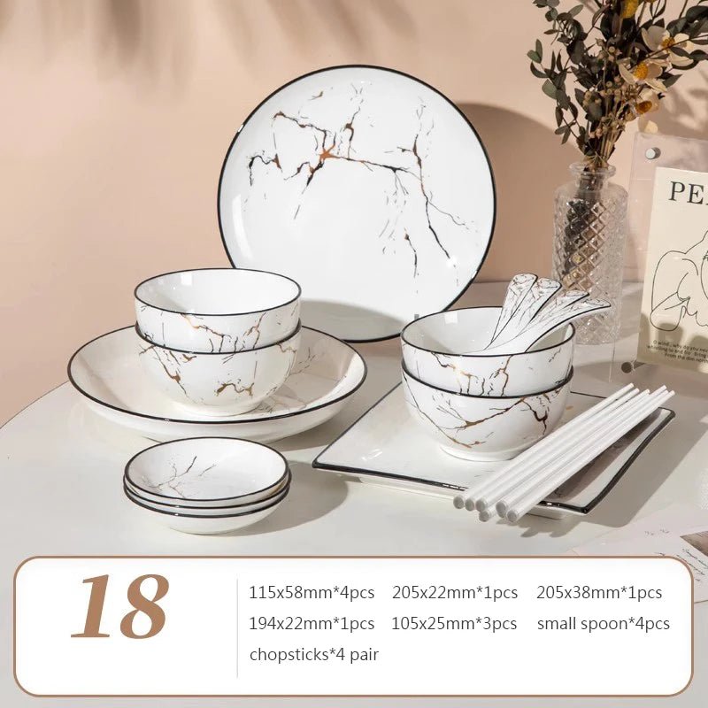 Elegant Marble Ceramic Dinnerware Set with Gold Inlay - Volaia