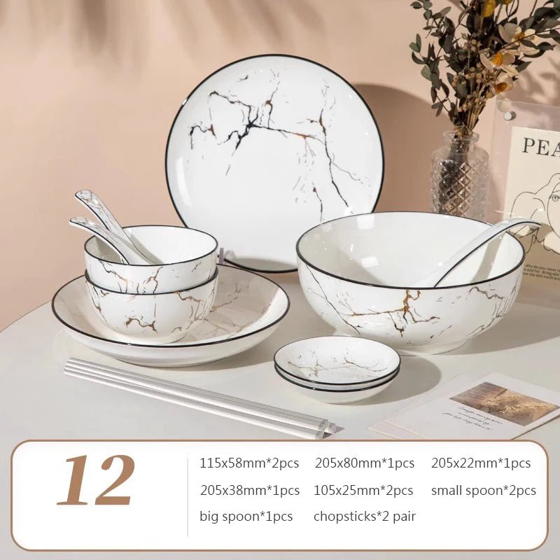 Elegant Marble Ceramic Dinnerware Set with Gold Inlay - Volaia