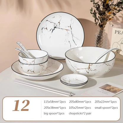 Elegant Marble Ceramic Dinnerware Set with Gold Inlay - Volaia