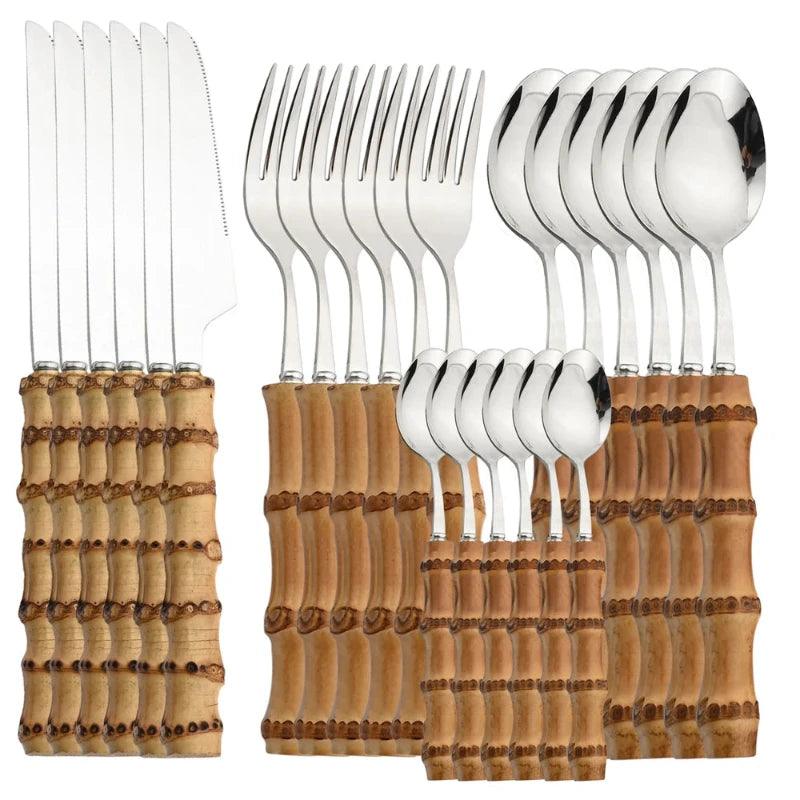 Flatware Set with Bamboo Handles 24 Piece Stainless Steel - Volaia