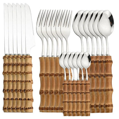 Flatware Set with Bamboo Handles 24 Piece Stainless Steel - Volaia