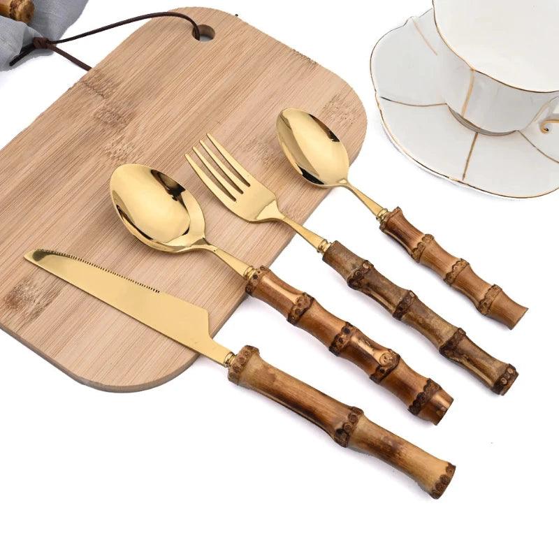 Flatware Set with Bamboo Handles 24 Piece Stainless Steel - Volaia