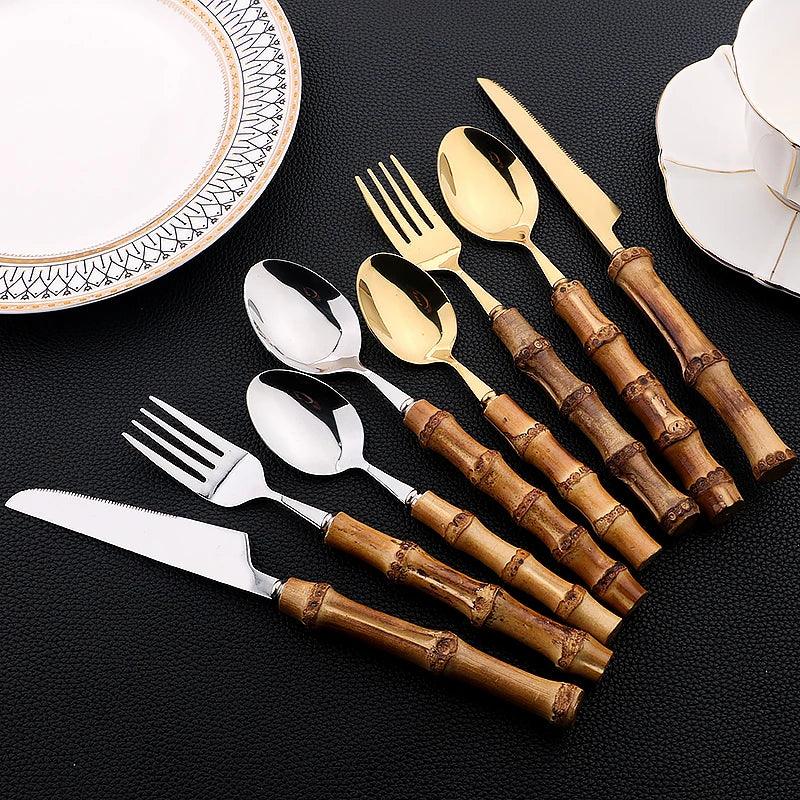 Flatware Set with Bamboo Handles 24 Piece Stainless Steel - Volaia