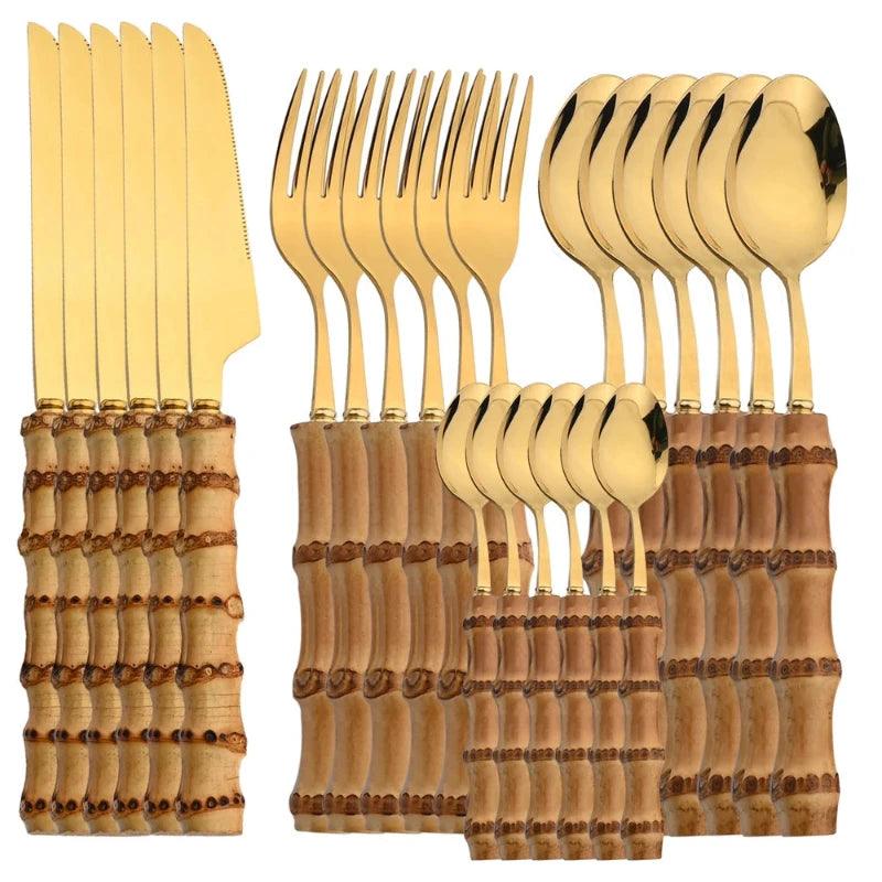 Flatware Set with Bamboo Handles 24 Piece Stainless Steel - Volaia