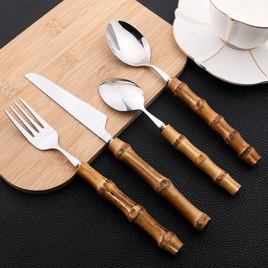 Flatware Set with Bamboo Handles 24 Piece Stainless Steel - Volaia