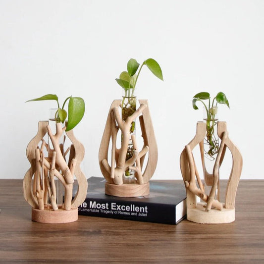 Handcrafted Wooden Vase with Glass Hydroponic Container - Volaia