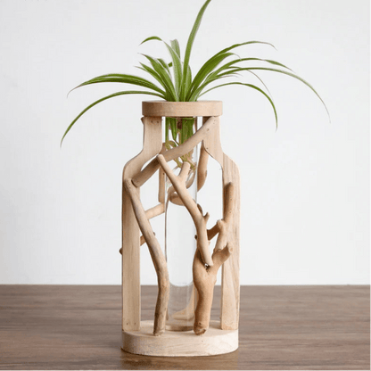 Handcrafted Wooden Vase with Glass Hydroponic Container - Volaia