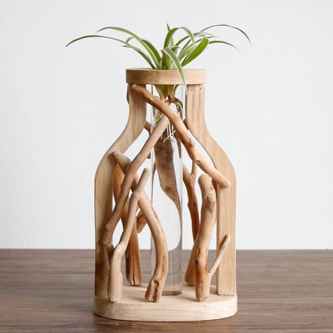 Handcrafted Wooden Vase with Glass Hydroponic Container - Volaia
