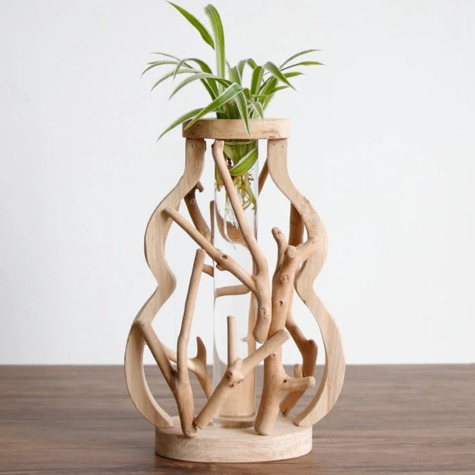 Handcrafted Wooden Vase with Glass Hydroponic Container - Volaia
