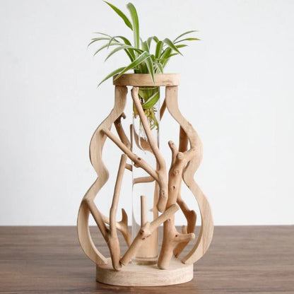 Handcrafted Wooden Vase with Glass Hydroponic Container - Volaia