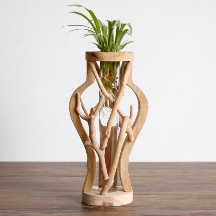 Handcrafted Wooden Vase with Glass Hydroponic Container - Volaia