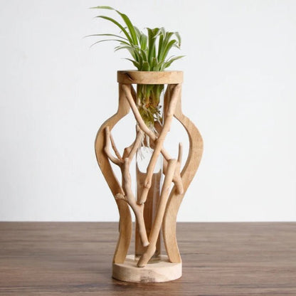Handcrafted Wooden Vase with Glass Hydroponic Container - Volaia