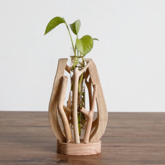 Handcrafted Wooden Vase with Glass Hydroponic Container - Volaia