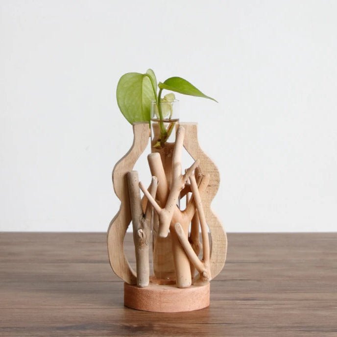 Handcrafted Wooden Vase with Glass Hydroponic Container - Volaia