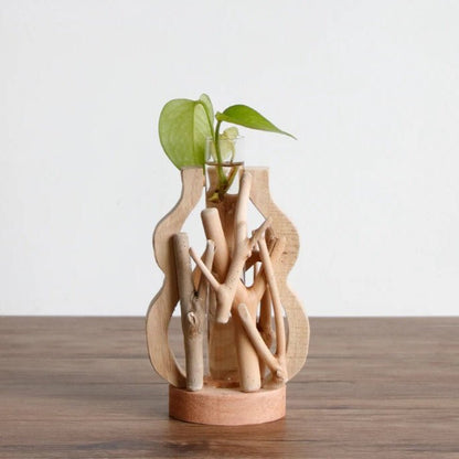 Handcrafted Wooden Vase with Glass Hydroponic Container - Volaia