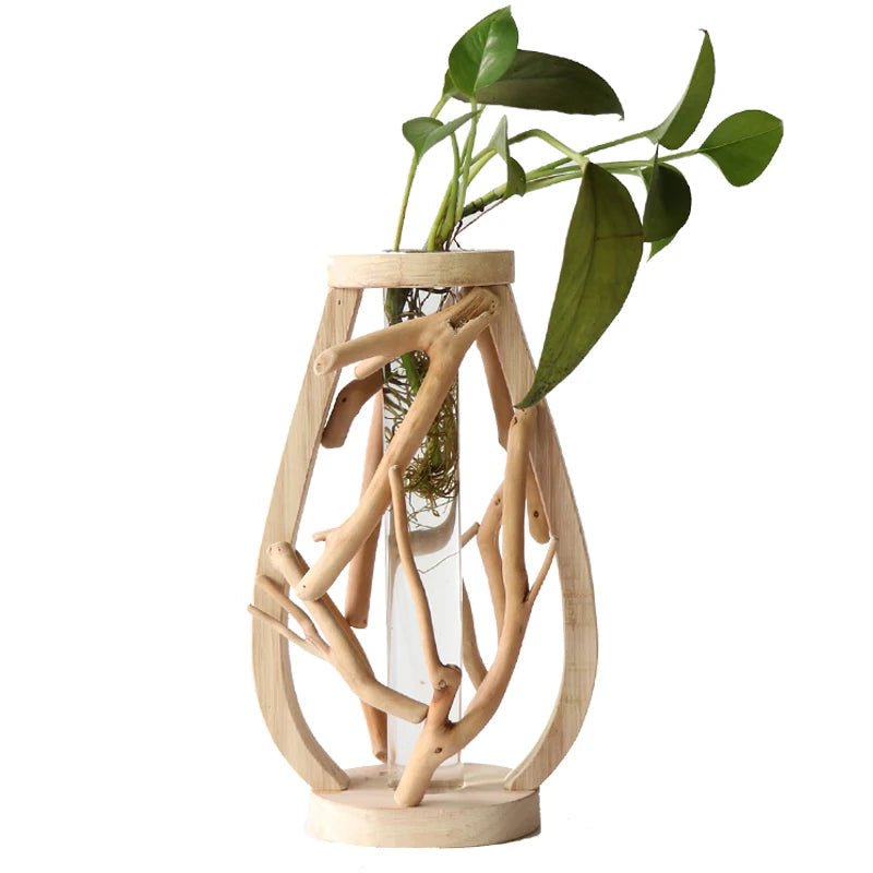 Handcrafted Wooden Vase with Glass Hydroponic Container - Volaia