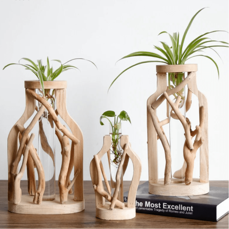 Handcrafted Wooden Vase with Glass Hydroponic Container - Volaia