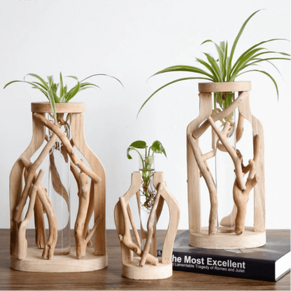 Handcrafted Wooden Vase with Glass Hydroponic Container - Volaia