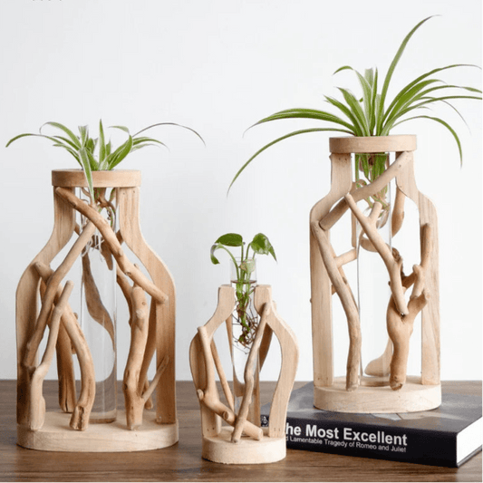 Handcrafted Wooden Vase with Glass Hydroponic Container - Volaia