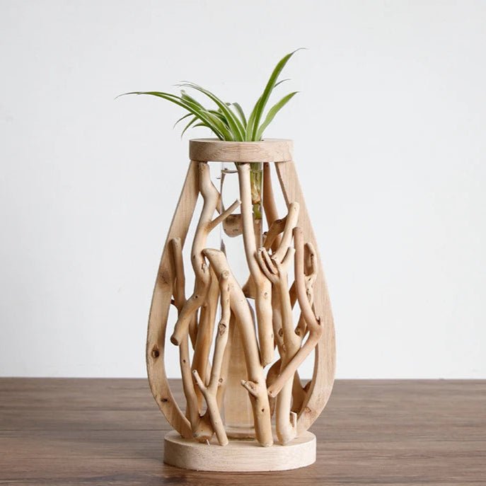 Handcrafted Wooden Vase with Glass Hydroponic Container - Volaia