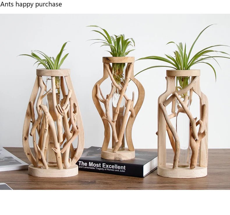 Handcrafted Wooden Vase with Glass Hydroponic Container - Volaia