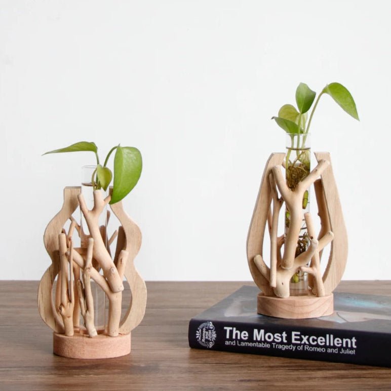 Handcrafted Wooden Vase with Glass Hydroponic Container - Volaia
