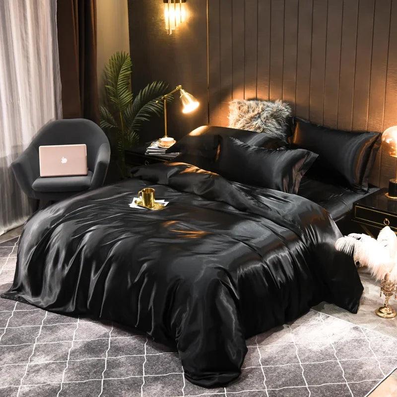 Monochrome Satin Bedding Set - Includes Sheets, Pillowcases and Duvet Cover - Volaia