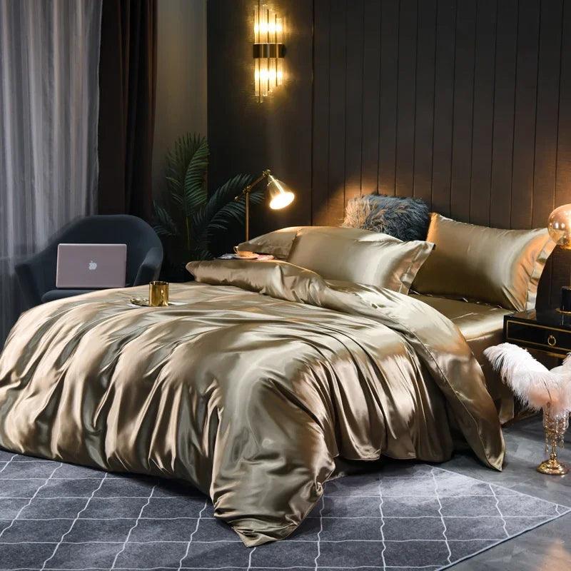 Monochrome Satin Bedding Set - Includes Sheets, Pillowcases and Duvet Cover - Volaia
