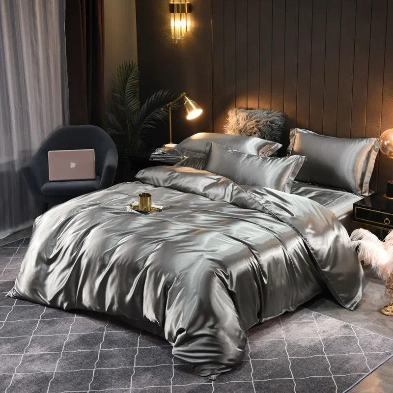Monochrome Satin Bedding Set - Includes Sheets, Pillowcases and Duvet Cover - Volaia