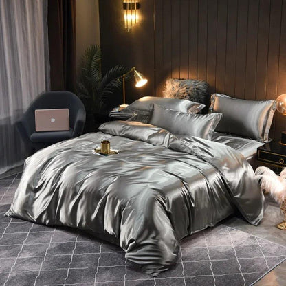 Monochrome Satin Bedding Set - Includes Sheets, Pillowcases and Duvet Cover - Volaia