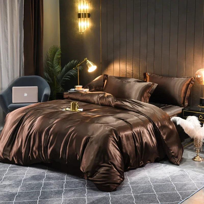 Monochrome Satin Bedding Set - Includes Sheets, Pillowcases and Duvet Cover - Volaia