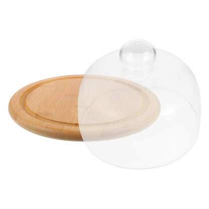 Round Glass & Wood Dessert Stand - Traditional Cupcake Display with Clear Glass Lid - Volaia