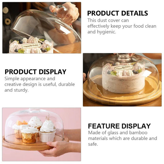 Round Glass & Wood Dessert Stand - Traditional Cupcake Display with Clear Glass Lid - Volaia