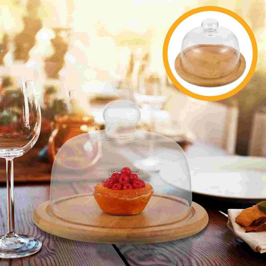Round Glass & Wood Dessert Stand - Traditional Cupcake Display with Clear Glass Lid - Volaia