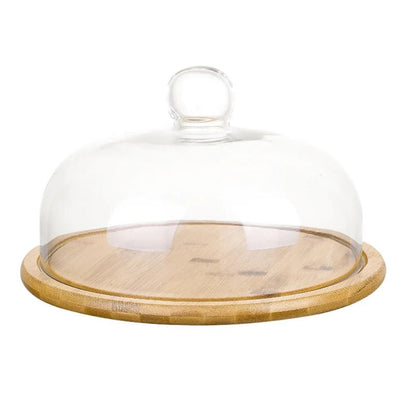 Round Glass & Wood Dessert Stand - Traditional Cupcake Display with Clear Glass Lid - Volaia